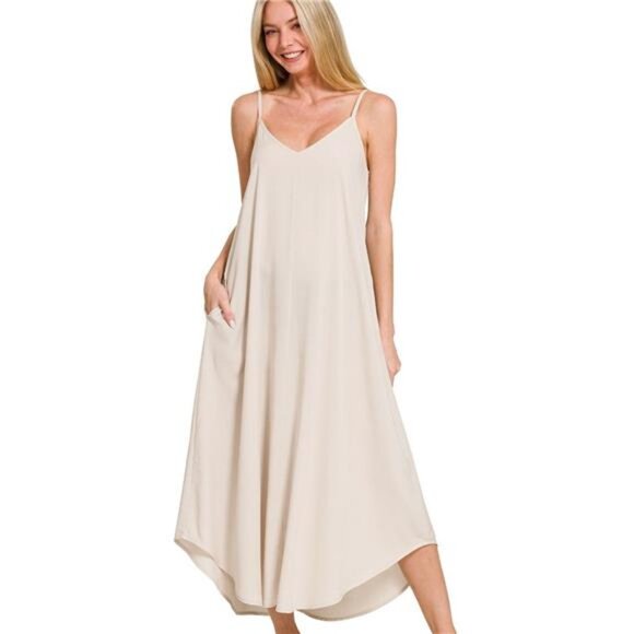 Zenana Woven Arc Hem Cami Dress With Flowy Pockets - Picture 1 of 3